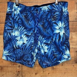 🌻 Land’s End Swim Trunks Mens size XL Blue Tropical Palm Print Pockets Active